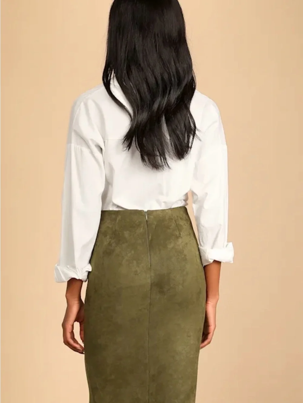 Lulu’s Total Allure Olive Green Suede Pencil Midi Skirt, Size Medium